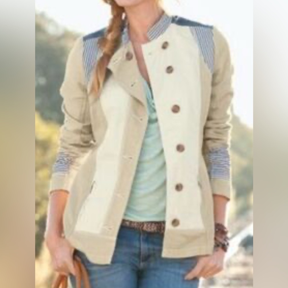 Sundance women linen and cotton blend button patchwork denim jacket